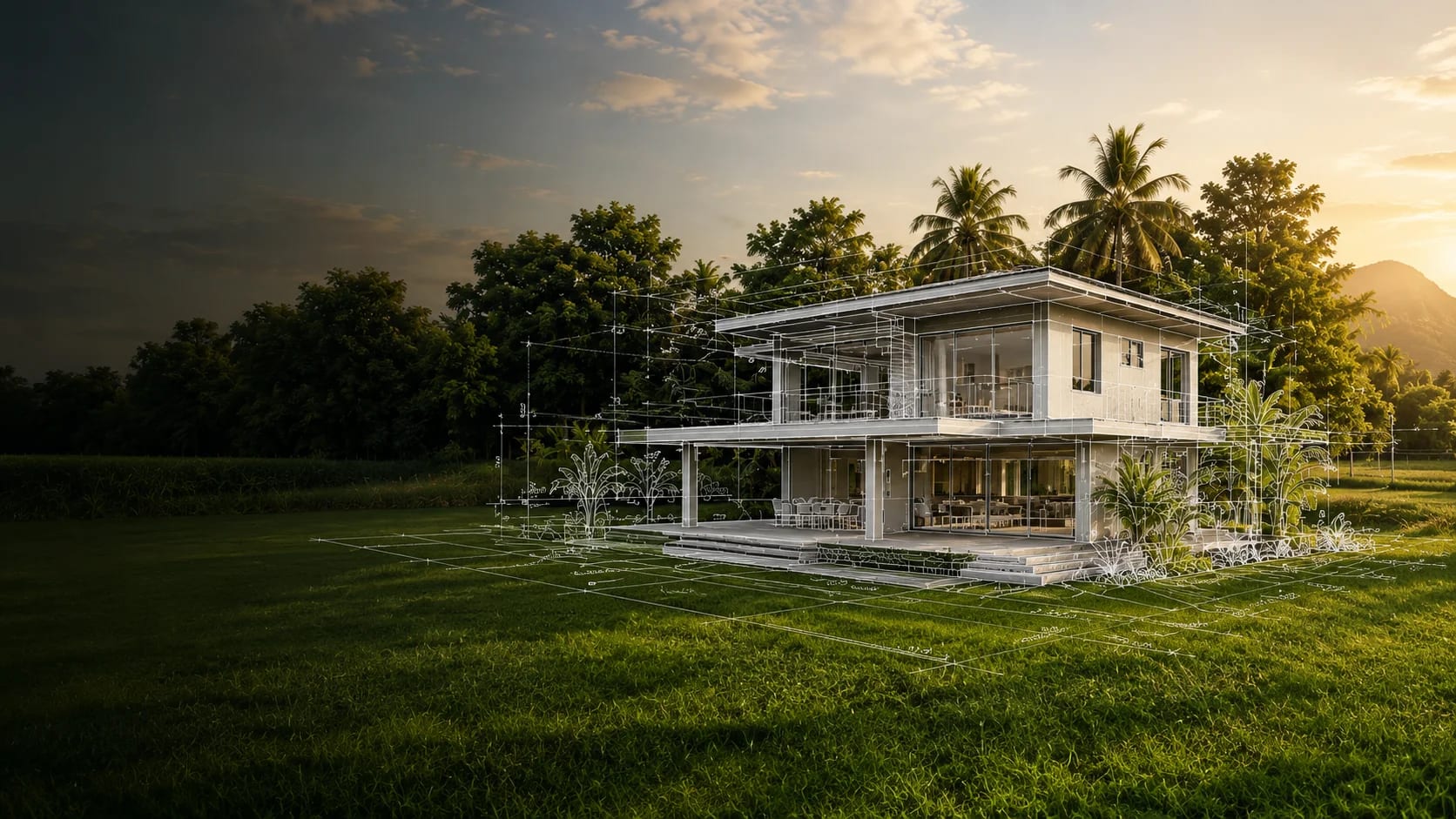 Architektonische Visualisierung eines modernen Hausprojekts in tropischer Umgebung — Inspiration, kein bestehendes Gebäude